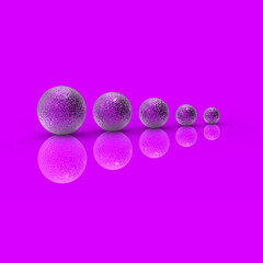 Five balls of metal of different sizes on Magenta Purple background. Growth of something. Progress. Reflection. Square image. 3D image. 3D rendering.