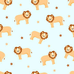 Seamless pattern lion cute cartoon, vector illustration of an African animal. Background for printing textures, clothes or packaging for children.