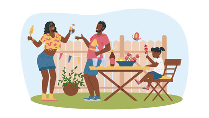 Happy family partying outside in the backyard or garden, flat vector illustration isolated on white background.