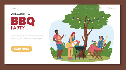Neighbors have barbecue party outside, flat vector illustration. Woman grill food on the stick, black man laugh.