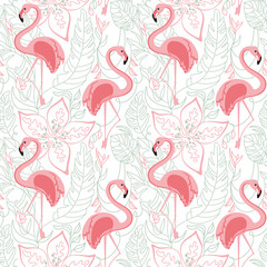 Flamingos and exotic plants. Summer print. Seamless pattern.