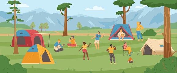 Tourists summer campground with people resting in tents, vector illustration.