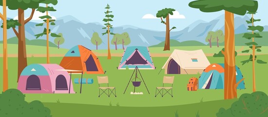 Summer mountain tourist campground or campsite, flat vector illustration.