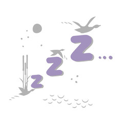 Zzz sleep symbols, hand lettering sleepy icon on the background of flying flock of duck birds over water, reeds and moon. Vector illustration for design of textiles, magazines, comics.