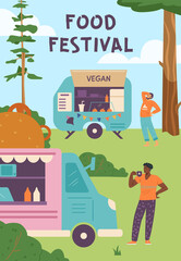 Food festival invitation flyer template, vegan food truck with people relaxing in nature, flat vector illustration.