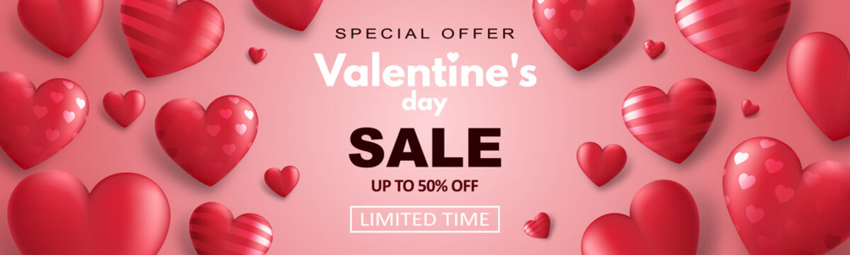 Special offer Valentine's day sale banner with red 3d hearts and advertising discount text decoration. Vector illustration.