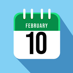 February day 10. Number ten on a white paper with green border on a blue background calendar sheet. Vector illustration