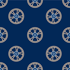 Line Alloy wheel for car icon isolated seamless pattern on blue background. Vector