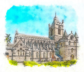 Christ Church Cathedral or Holy Trinity Cathedral Dublin, Ireland, watercolor sketch illustration. - obrazy, fototapety, plakaty