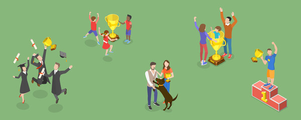 3D Isometric Flat Vector Conceptual Illustration of Set of Winners with Trophies, Successful Teamwork and Goal Achievement