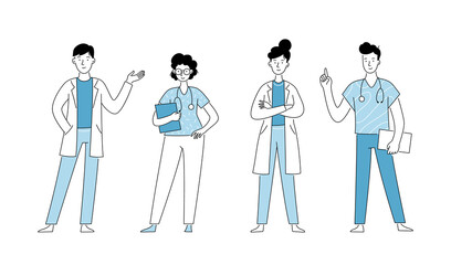 Medical doctor doodle line character set. Doctor team. Medical staff doctor and nurse group. Vector illustration isolated. - obrazy, fototapety, plakaty