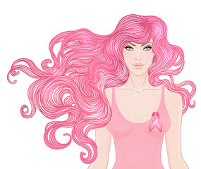 October: Breast Cancer Awareness Month, annual campaign to increase awareness of the disease. Woman with breast cancer awareness pink ribbon, vector illustration health, medicine, beauty concept