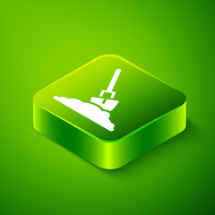 Isometric Shovel in the ground icon isolated on green background. Gardening tool. Tool for horticulture, agriculture, farming. Green square button. Vector