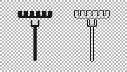 Black Garden rake icon isolated on transparent background. Tool for horticulture, agriculture, farming. Ground cultivator. Housekeeping equipment. Vector