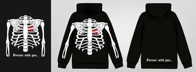 Modern poster with text "Forever with you" skeleton body with heart in chest. Stylish print for streetwear, print for t-shirts and hoodies, isolated on black background