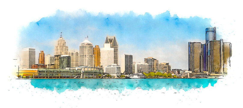 Downtown Detroit Skyline, watercolor sketch illustration.