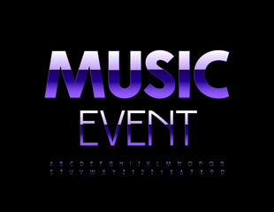 Fototapeta premium Vector trendy poster Music Event. Purple metallic Font. Elegant Slim Alphabet Letters and Numbers set
