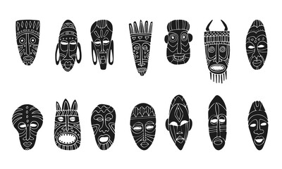 African tribal mask. Collection of different masks. Doodle style image. Hand drawn colorful icon isolated on white. Vector illustration.