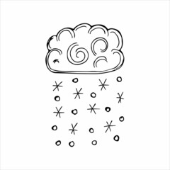 Hand drawn cloud with precipitation. Rain, snow, thunderstorm. Doodle sketch vector illustration.