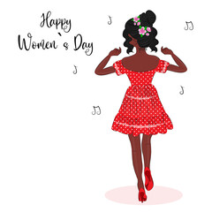 Obraz na płótnie Canvas Poster for International Women's Day, a beautiful black-skinned girl dancing, on a white background, in the style of doodles, a vector card for March 8, invitations for March 8, a print for textiles