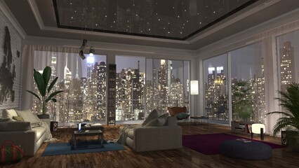 Living room loft New York night big city view luxury interior penthouse design with couch and notebooks modern style 3d rendering illustration graphic in high resolution for print, web and business