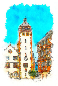 The Town hall of Mosbach, Germany, watercolor sketch illustration.