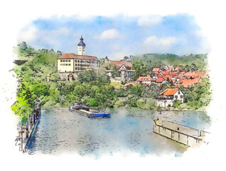Fototapeta na wymiar Gundelsheim is a town located on the right bank of the river Neckar in southern Germany. The most remarkable building in Gündelsheim is Castle Horneck, watercolor sketch illustration. 
