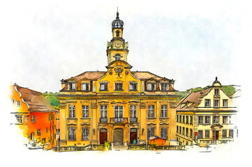 The Town hall of Schwabisch Hall, Germany, watercolor sketch illustration.