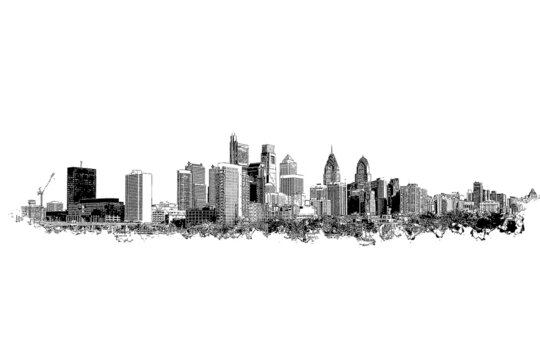 Philadelphia skyline, ink sketch illustration.