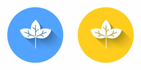 White Leaf icon isolated with long shadow background. Leaves sign. Fresh natural product symbol. Circle button. Vector