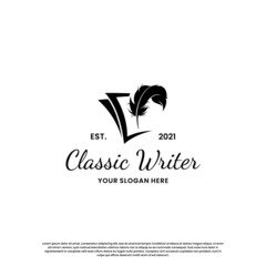 classic writer logo design. author logo feather with book combination.