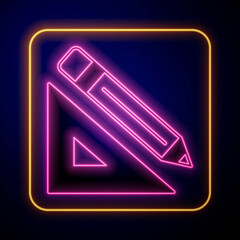 Glowing neon Triangular ruler and pencil icon isolated on black background. Straightedge symbol. Drawing and educational tools. Vector