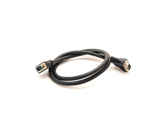 Black VGA cable with nickel plated connectors and copper conductors for video signal transmission isolated on white