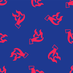 Red Hand holding a fire icon isolated seamless pattern on blue background. Vector