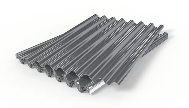 3d render illustration steel metal zinc galvanized wave sheets for roof isolated on white background. Realistic corrugated roof sheets. Metal siding, profiled sheeting for covering or fencing.