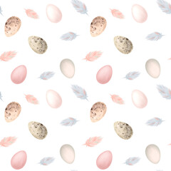 Seamless pattern of watercolor birds eggs and feathers, illustration on white background, easter print