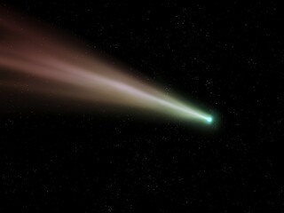 Bright comet in the night sky. Observation of celestial bodies. Astronomical photography of a comet's tail against a background of stars. 