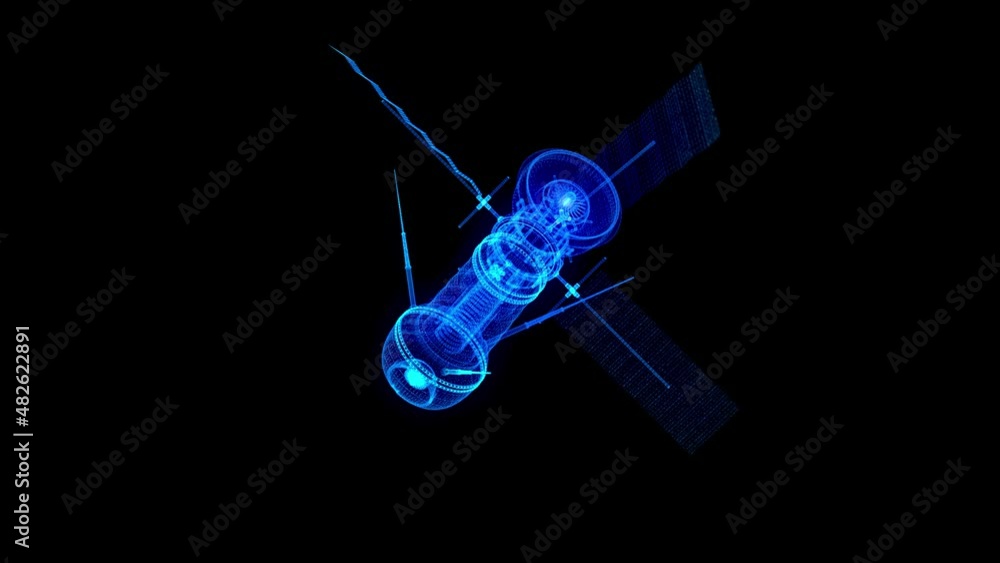 Poster satellite communications with earth reflecting in solar panels. particles formation of satellites po