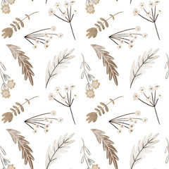 Seamless pattern of floral hand drawn branches and flowers, botanical illustration in flat style, isolated floral elements on white background