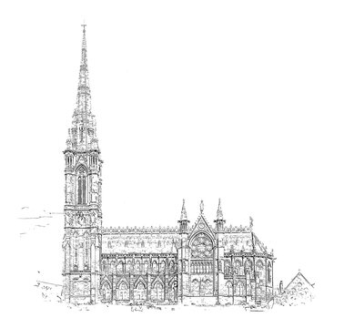 The Cathedral Church of St Colman usually known as Cobh Cathedral, ink sketch illustration, white background.