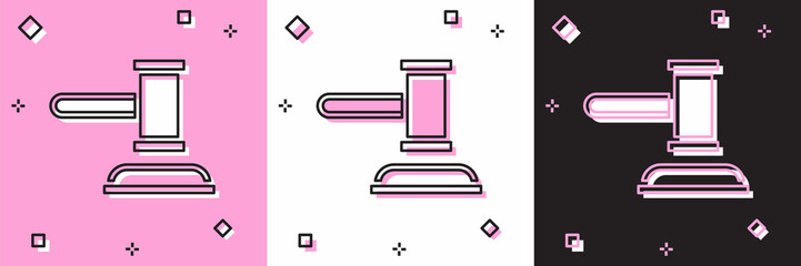Set Judge gavel icon isolated on pink and white, black background. Gavel for adjudication of sentences and bills, court, justice. Auction hammer. Vector