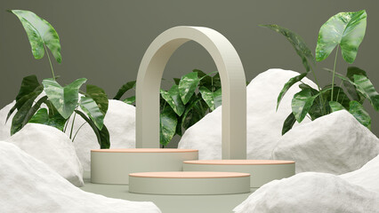 3D illustration rendering image of empty space mockup podium geometric shape and green nature themed for product display