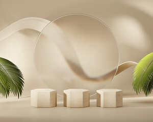 Abstract platform podium showcase for product display with palm leaves 3d render