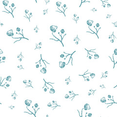 Modern abstract wild meadow flower seamless vector pattern background. Faux lino print backdrop with scattered aqua blue flowers, stems and leaves . Botanical floral repeat for wellness, garden
