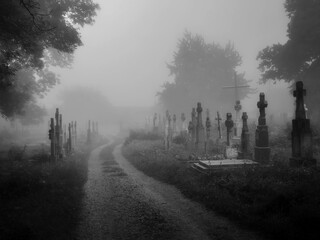 Dark ancient cemetery in the fog. Crosses and graves in the old abandoned cemetery. Place of burial. Black and White photo - obrazy, fototapety, plakaty