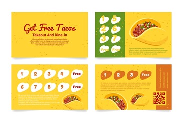 Get free tacos loyalty promo card collection vector flat illustration. Set marketing special offer