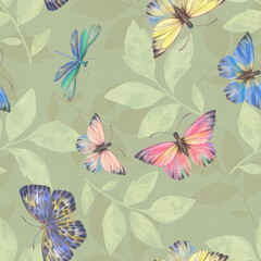 Abstract branches prints with leaves and butterflies repeating seamless pattern. Digital hand drawn picture with watercolor texture. endless motif for textile decor, wallpaper, packaging and design