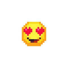 Smile with heart eyes icon. Cartoon character. Pixel art style. 8-bit style. Isolated abstract vector illustration. 