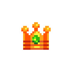Golden crown with jewel. Pixel art icon. Flat style. 8-bit. Sticker design. Isolated vector illustration.