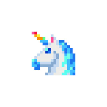 Fairytale unicorn head embroidery, horse pixel art icon. Design for mosaic, mobile app, web, logo. Isolated vector illustration on white background. Game assets 8-bit sprite.